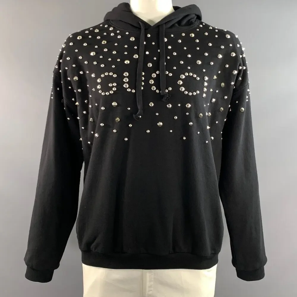 GUCCI Size XL Black Studded Cotton Hooded Sweatshirt